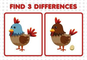 Education game for children find three differences between two cute hen vector