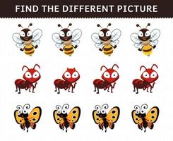 Education game for children find the different picture in each row cute cartoon bee ant butterfly vector