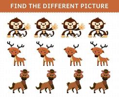 Education game for children find the different picture in each row cute cartoon monkey deer horse vector