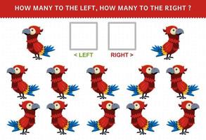 juego educativo para niños cuántos loros van a la izquierda y cuántos a la derecha vector