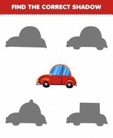 Education game for children find the correct shadow set of transportation red car vector