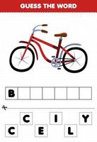 juego educativo para niños adivina la palabra letras practicando linda bicicleta de transporte vector