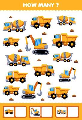 Education game for children searching and counting activity for preschool how many transportation heavy machines excavator concentrate mixer dump truck
