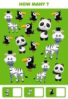 juego de educación para niños buscando y contando actividades para preescolar cuántos lindos animales en blanco y negro tucán pájaro panda cebra en fondo verde vector