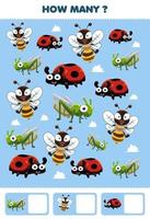 juego educativo para niños buscando y contando actividad para preescolar cuántos insectos lindos animales mariquita abeja saltamontes vector