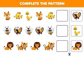 Education game for children complete the pattern logical thinking find the regularity and continue the row task with cute yellow animal character vector