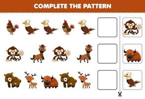 Education game for children complete the pattern logical thinking find the regularity and continue the row task with cute brown animal character vector