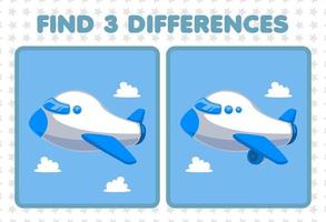 Education game for children find three differences between two cute transportation plane vector