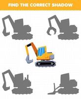 Education game for children find the correct shadow set of transportation excavator vector