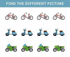 Education game for children find the different picture in each row transportation bicycle scooter motorbike vector