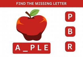 Education game for children find missing letter cute cartoon fruit apple worksheet vector