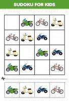 juego educativo para niños sudoku para niños con imagen de transporte de bicicleta de dibujos animados vector