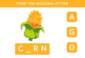 juego educativo para niños encontrar letra faltante hoja de trabajo de maíz vegetal de dibujos animados lindo vector