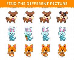 Education game for children find the different picture in each row cute cartoon dog rabbit cat vector