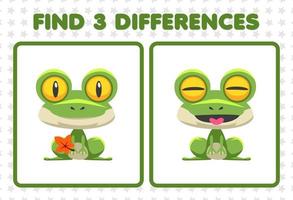 Education game for children find three differences between two cute frog vector