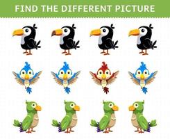 juego educativo para niños encuentra la imagen diferente en cada fila lindo pájaro de dibujos animados vector