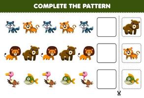 Education game for children complete the pattern logical thinking find the regularity and continue the row task with cute carnivore animal character vector