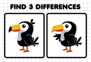 Education game for children find three differences between two cute toucan bird vector