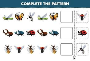 juego educativo para niños, complete el patrón de pensamiento lógico, encuentre la regularidad y continúe la tarea de la fila con un lindo personaje de insecto vector