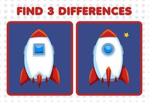 Education game for children find three differences between two cute transportation rocket vector