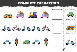 juego educativo para niños complete el patrón de pensamiento lógico encuentre la regularidad y continúe la tarea de la fila con el transporte terrestre vector