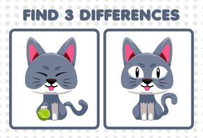 Education game for children find three differences between two cute cat vector