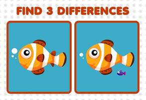 Education game for children find three differences between two cute clown fish vector