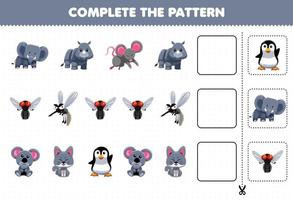 Education game for children complete the pattern logical thinking find the regularity and continue the row task with cute grey animal character vector