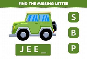 Education game for children find missing letter cute transportation jeep car vector