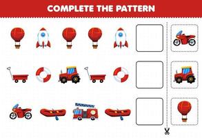 juego educativo para niños, complete el patrón de pensamiento lógico, encuentre la regularidad y continúe la tarea de la fila con el transporte rojo vector