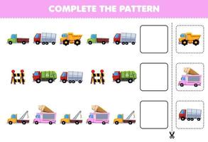 Education game for children complete the pattern logical thinking find the regularity and continue the row task with truck transportation vector