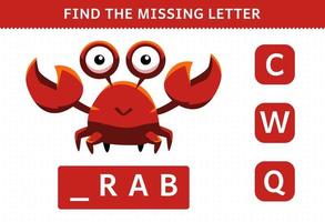 juego educativo para niños encontrar letra faltante lindo cangrejo de dibujos animados vector