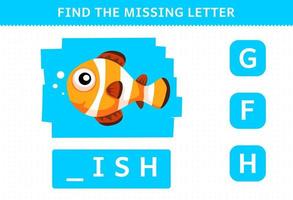 juego educativo para niños encontrar letra faltante lindo pez de dibujos animados vector