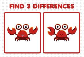 Education game for children find three differences between two cute crab vector