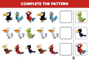 Education game for children complete the pattern logical thinking find the regularity and continue the row task with cute bird character vector