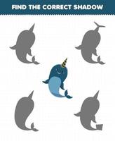 Education game for children find the correct shadow set of cute narwhal vector