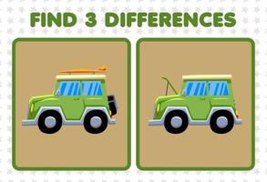 Education game for children find three differences between two cute transportation jeep car vector