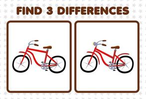 Education game for children find three differences between two cute transportation bicycle vector