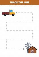 Education game for children handwriting practice trace the lines help transportation pickup truck move to farm house vector