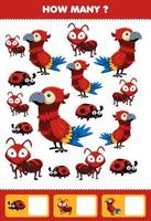 Education game for children searching and counting activity for preschool how many cute red animal ant parrot ladybug vector