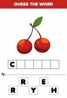 juego educativo para niños adivina la palabra letras practicando linda fruta cereza vector