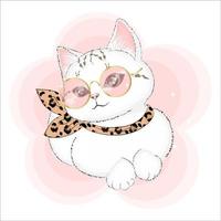 lindo gatito con gafas y banda para el cuello con estampado de leopardo, ilustración de vectores de moda, estampado textil