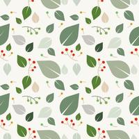 Vector background seamless pattern of green leaves are red fruit on white background