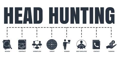 Head Hunting banner web icon set. workflow, contact, best employee, earning, winner, contract, target, review vector illustration concept.