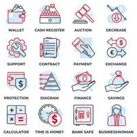 Set of money finance icon logo vector illustration. finance pack symbol template for graphic and web design collection. wallet, cash register, auction, decrease and more