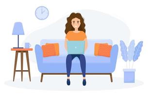 A girl with a laptop sits on a chair. Freelance or study concept. Cute illustration in flat style. vector