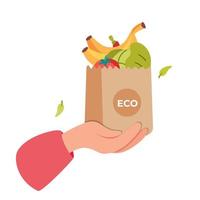 sostenga a mano la bolsa de papel del supermercado con una ilustración de diseño de comida local orgánica fresca vector