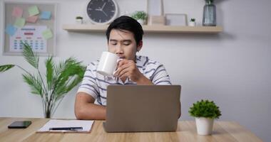 Portrait of Serious Asian businessman looking computer monitor in home office. Focused businessman reading document in laptop. Male drinking coffee in dark office. video