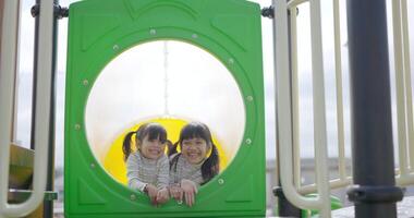 retrato duas irmãs asiáticas no controle deslizante, olhando para a câmera e sorrindo, elas se divertem juntas alegremente no playground video