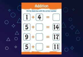 Basic math addition for kids. Fill the blank box with the correct number. Worksheet for kids vector